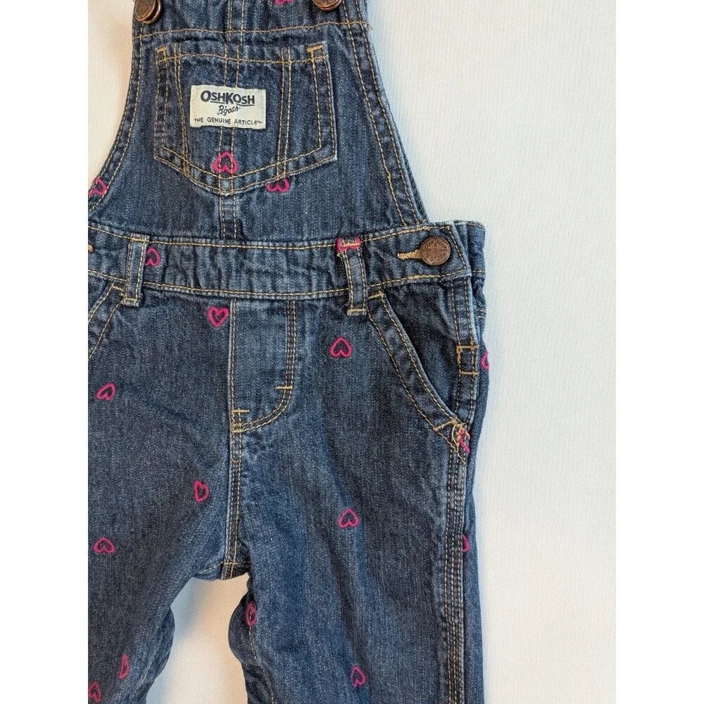 OshKosh B'gosh Overall Bibs Pink Hearts Denim 12 Months Blue Baby Toddler Girl